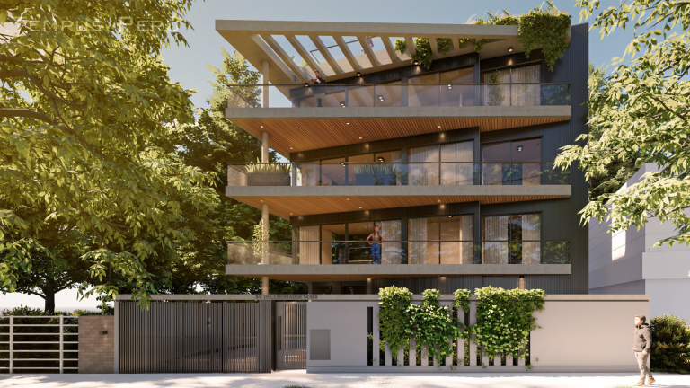 Render exterior del edificio Tempus Peru
